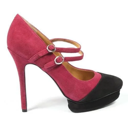 Fuxia 6 US - 36.5 EUR Nine West Womens Double Strap Pump NWARGILE RED BLK---Fashionable Kitten Heels for Date Night