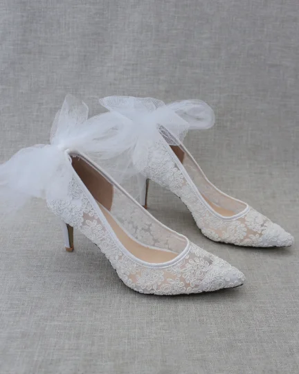 Lace Wedding Shoes with Tulle Back Bow---Charming Bow Pumps for a Cute and Stylish Look