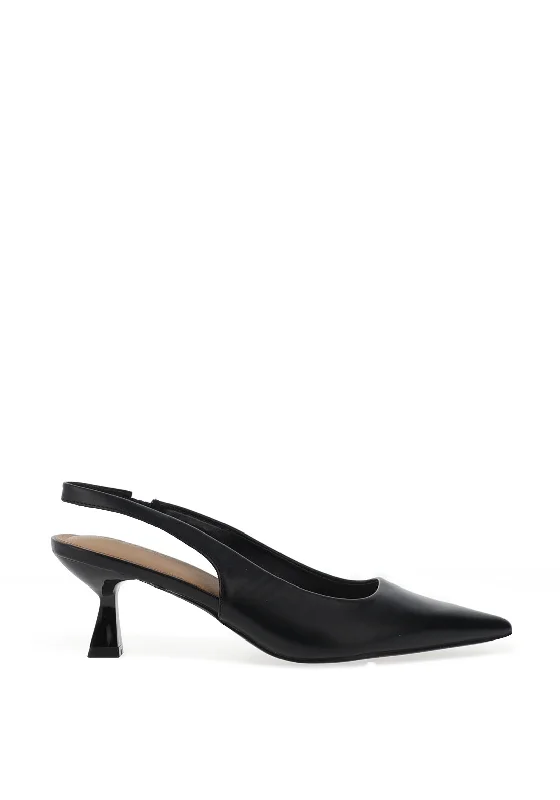 Zen Collection Faux Leather Sling Back Heeled Shoes, Black---Comfortable Leather Pumps for Office and Everyday Wear