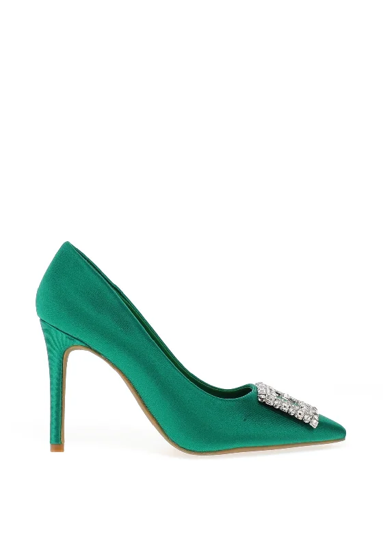 Zen Collection Satin Brooch Heeled Shoe, GreenAffordable Satin Heels with a Luxe Touch