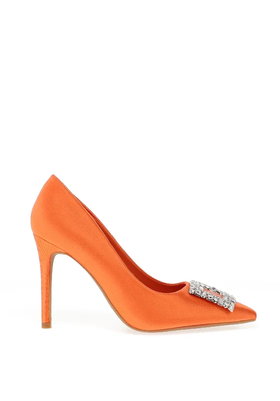 Zen Collection Satin Brooch Heeled Shoe, OrangeAffordable Satin Heels with a Luxe Touch