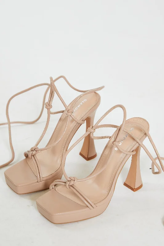 Stylish Lace Pumps for a Chic Look--Glamorous Nude Lace Up Flared Heels