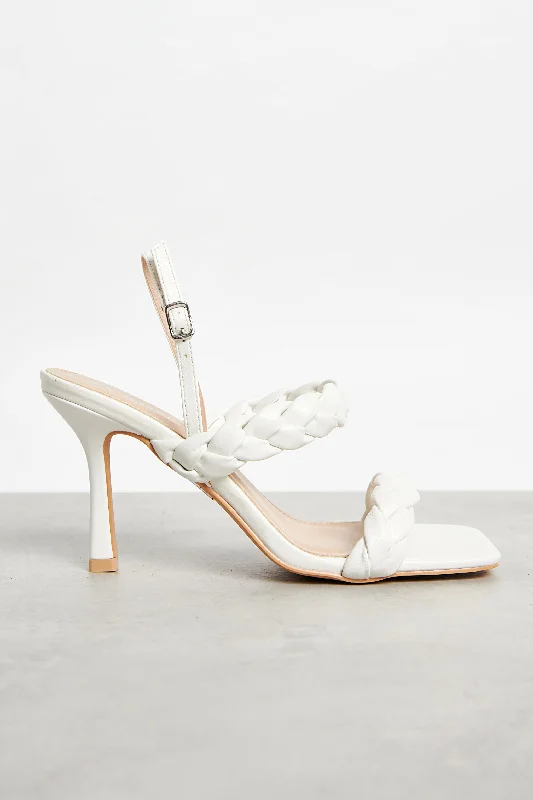 Glamorous White Woven Detail Square Toe Heels---Durable Square Toe Block Heels for Everyday Use