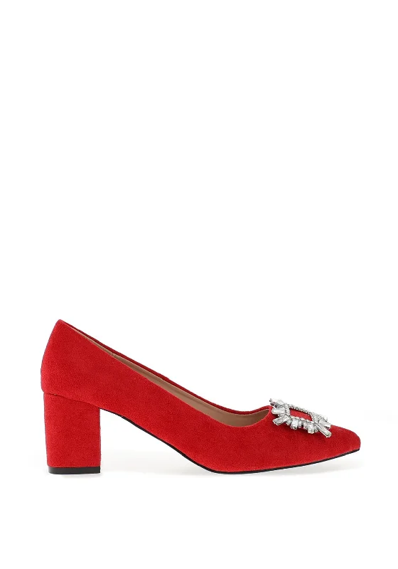 Trendy Chunky Heel Pumps for Casual Wear--Zen Collection Brooch Block Heel Shoe, Red