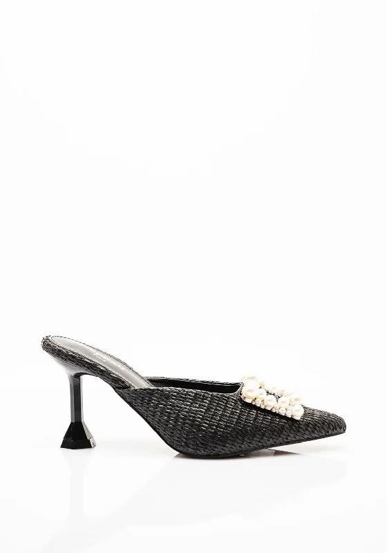 Zen Collection Pearl Embellished Woven Heels, Black---Chic Embellished Pumps for a Glamorous Look