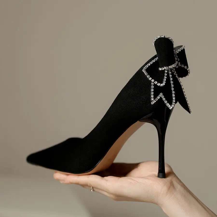 Affordable Rhinestone Pumps for a Dazzling Look---Ladies Summer Footwear Super High Heel with Bow Rhinestone Crystals