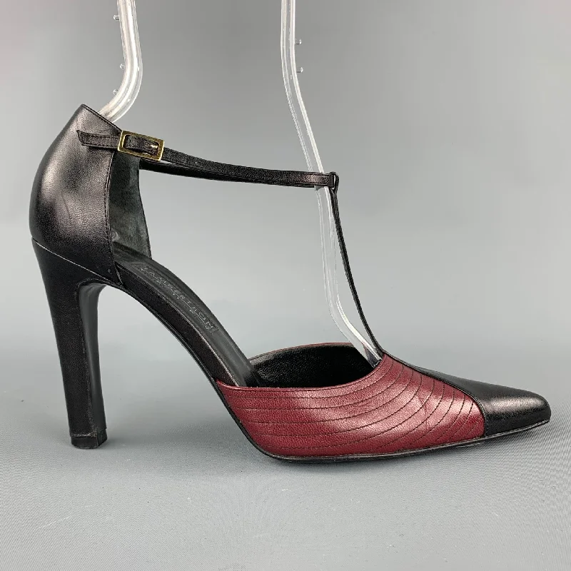 LAMBERTSON TRUEX Size 7 Black & Red Leather T-Strap Pumps---Comfortable Leather Pumps for Office and Everyday Wear