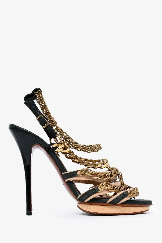 Lanvin Black/Nude Chain Leather Strappy Heels Size 40---Affordable Strappy Platform Heels with Premium Quality