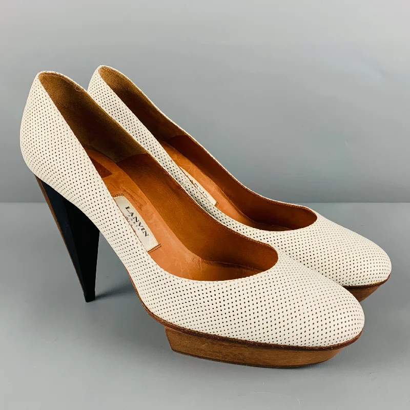 LANVIN Size 11 White Brown Leather Perforated Platform Pumps---Comfortable Leather Pumps for Office and Everyday Wear