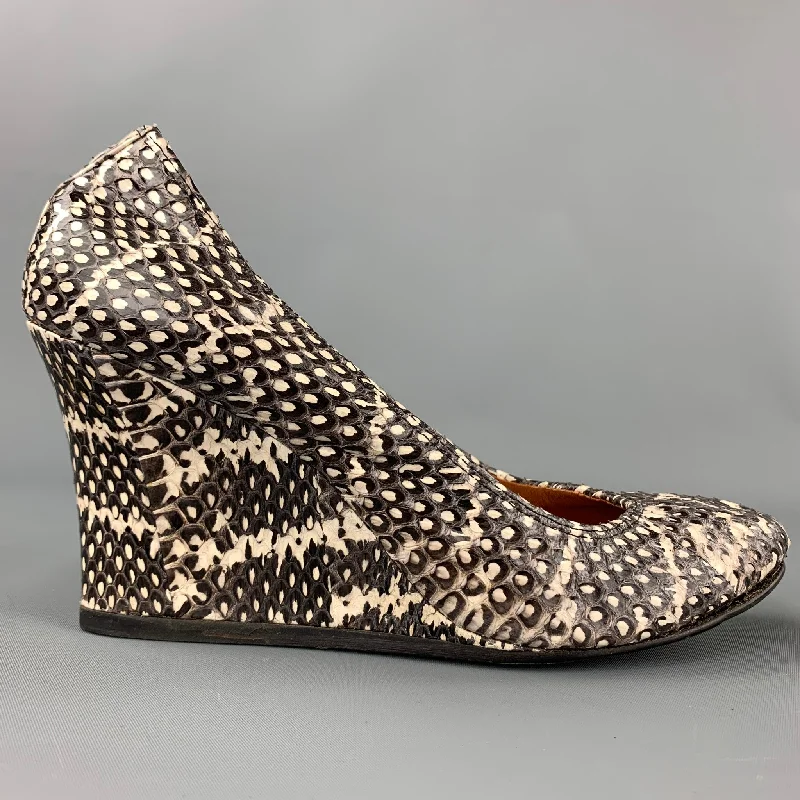 Versatile Heeled Sandals for Any Occasion---LANVIN Size 8 Grey & White Snake Skin Wedge Pumps