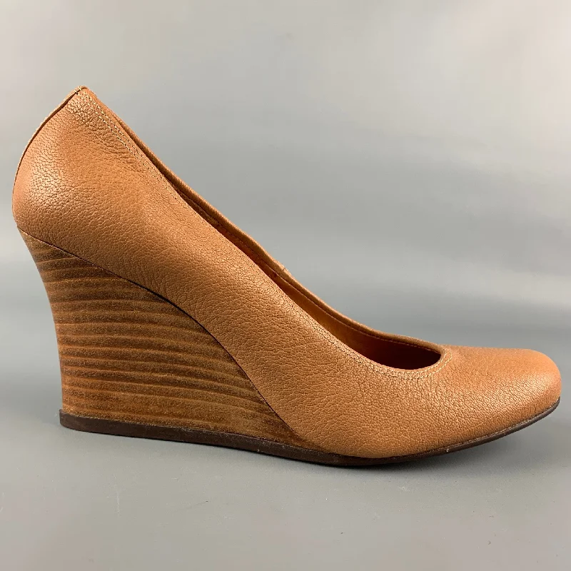 LANVIN Size 8 Tan Textured Leather Wedge Pumps---Comfortable Leather Pumps for Office and Everyday Wear