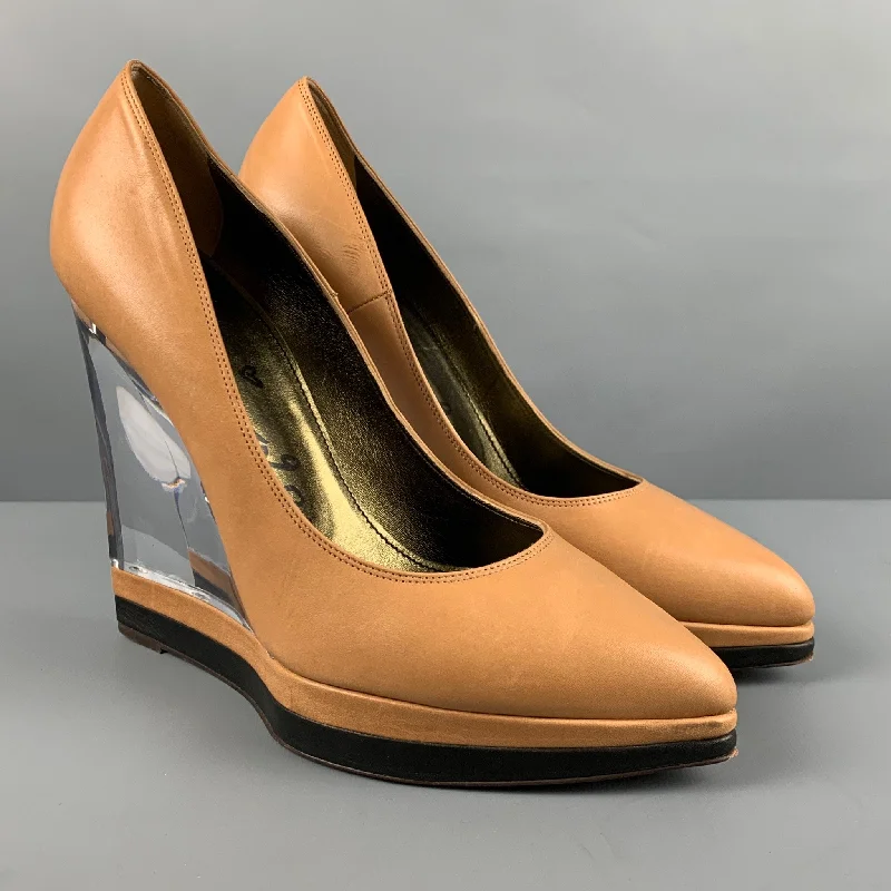 LANVIN Size 9.5 Beige Clear Leather Wedge Pumps---Comfortable Leather Pumps for Office and Everyday Wear