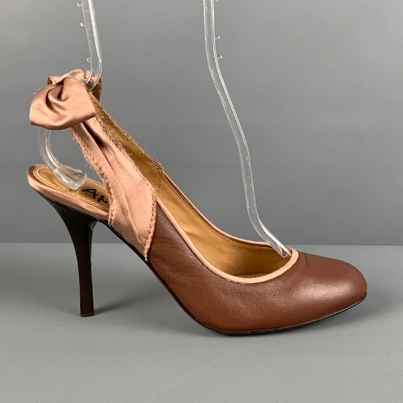 LANVIN Size 9 Brown Pink Leather Satin Slingback PumpsAffordable Satin Heels with a Luxe Touch