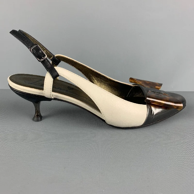 LANVIN Size 9 Cream Silver Leather Kitten Heel Pumps---Fashionable Kitten Heels for Date Night