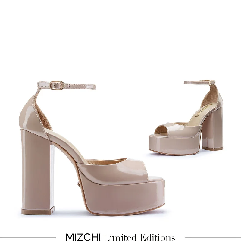 Sleek and Shiny Patent Pump Heels for a Polished Look--*LAURANCE - beige patent platform