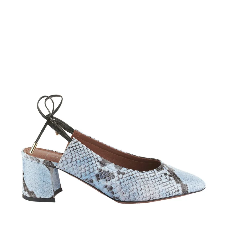 Slingback Shoes In Light Blue Python Print Leather---Comfortable Leather Pumps for Office and Everyday Wear