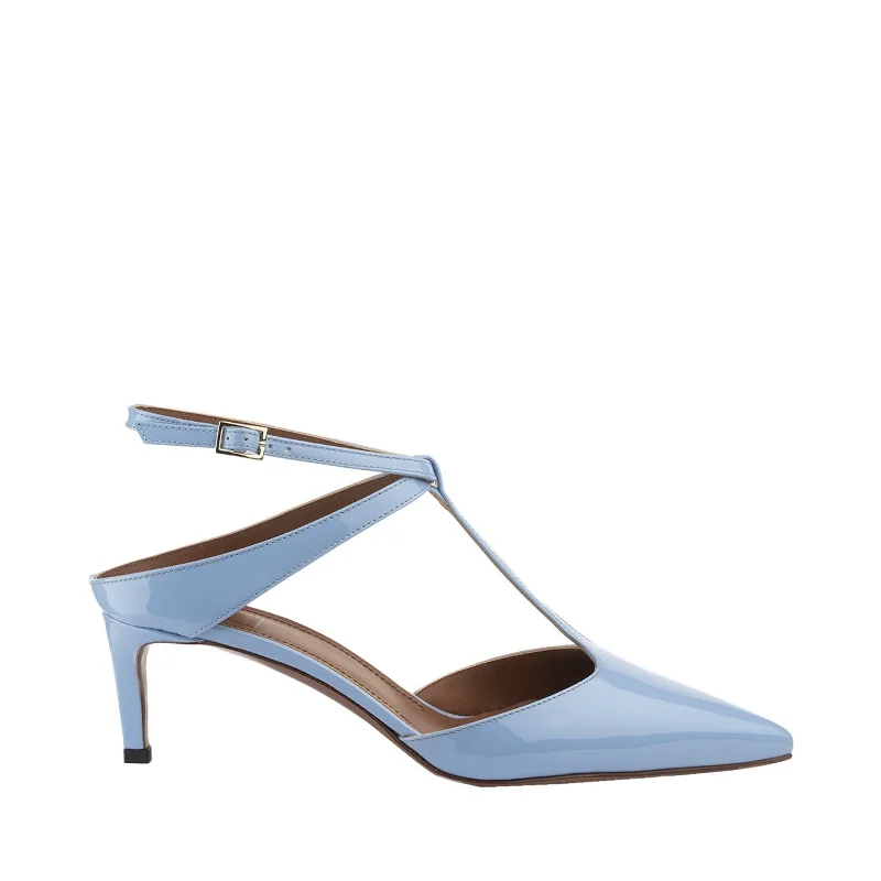 Sleek and Shiny Patent Pump Heels for a Polished Look--T-Bar Court Shoes In Sky Blue Patent Leather