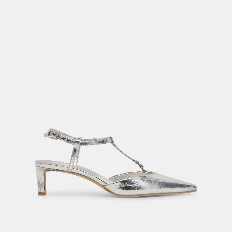 LAVON HEELS SILVER DISTRESSED LEATHER---Comfortable Leather Pumps for Office and Everyday Wear