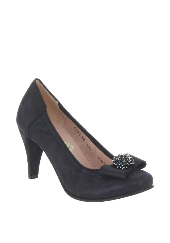 Affordable Suede Ankle Pumps for All-Day Wear--Le Babe Suede Bow Shimmer Heeled Shoes, Navy Blue