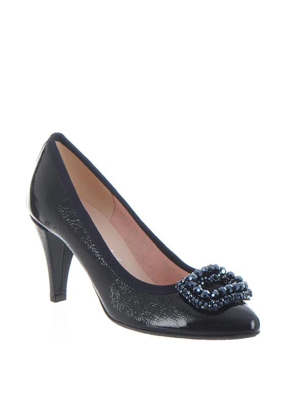 Sleek and Shiny Patent Pump Heels for a Polished Look--Le Babe Patent Leather Brooch Court Shoes, Deep Navy