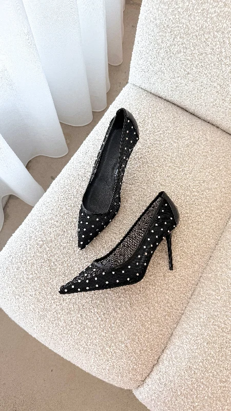 Stiletto Heel Pumps with Perfect Fit--Lee Heels - Black Mesh Diamante-Fashionable & Classic