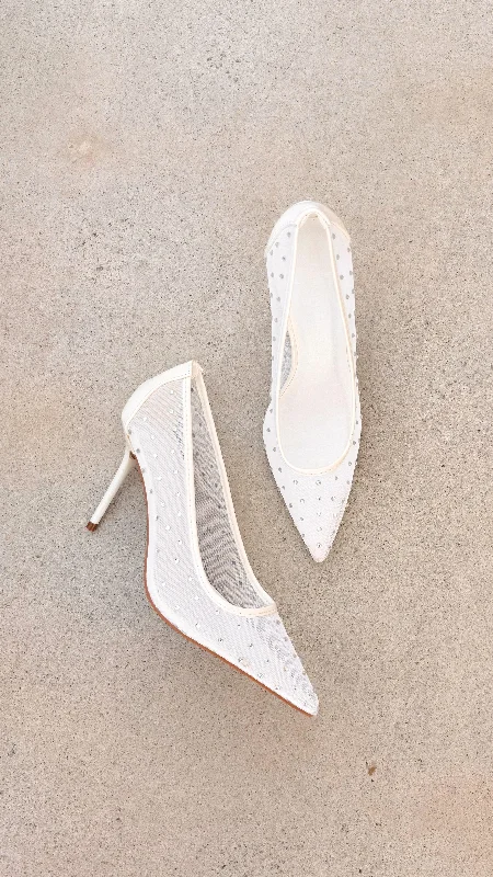 Stiletto Heel Pumps with Perfect Fit--Lee Heels - White Mesh Diamante-Fashionable & Classic