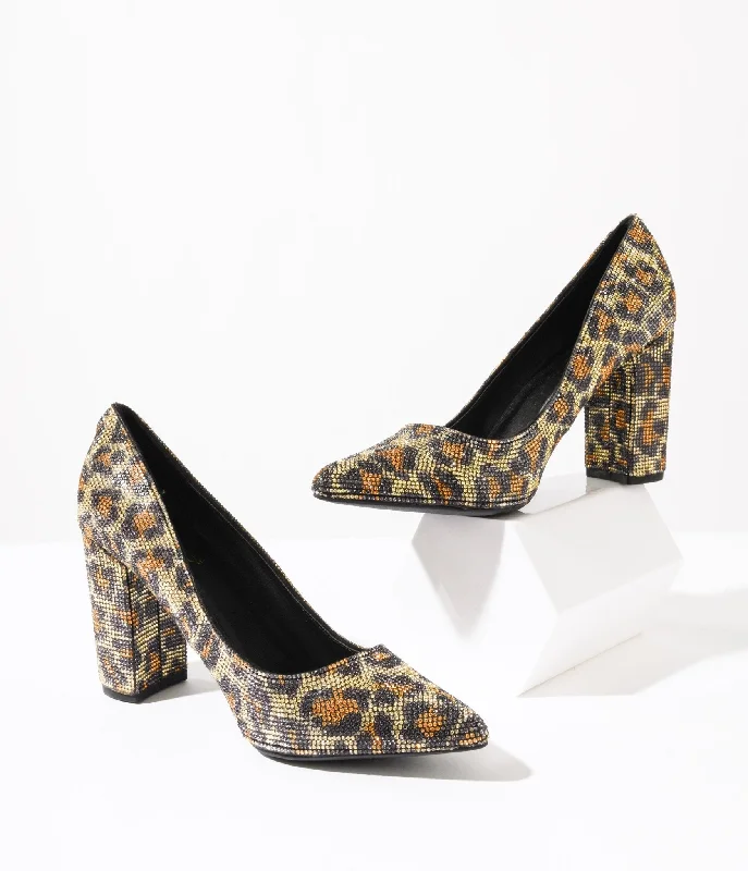 Trendy Chunky Heel Pumps for Casual Wear--Leopard Rhinestone Block Heels