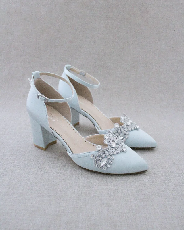 Trendy Chunky Heel Pumps for Casual Wear--Block Heel with Rhinestones Detail for Wedding