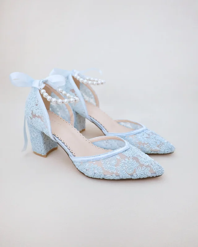 Bridal Lace Block Heel with Pearls Strap