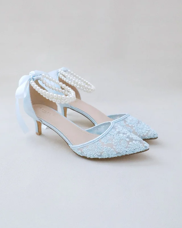 Stylish Lace Pumps for a Chic Look--Crochet Lace Pointy Toe Wedding Low Heels with Double Pearl Strap