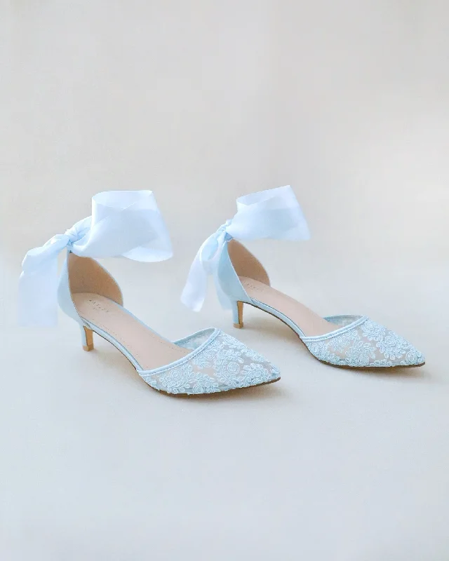 Stylish Lace Pumps for a Chic Look--Crochet Lace Pointy Toe Wedding Low Heels with Wrapped Ankle Tie