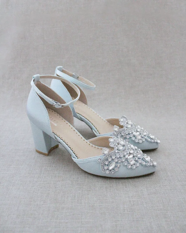 Trendy Chunky Heel Pumps for Casual Wear--Embellished Rhinestones Block Heel for Wedding