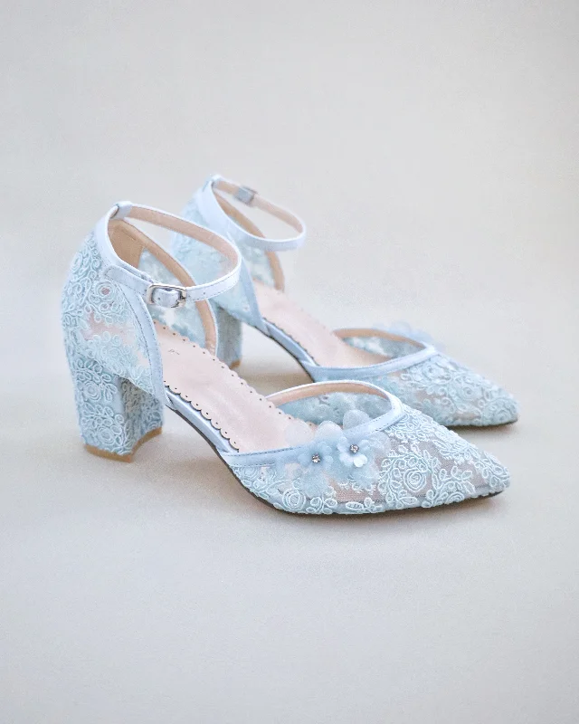 Trendy Chunky Heel Pumps for Casual Wear--Flower Embellished Lace Block Heels Wedding Shoes