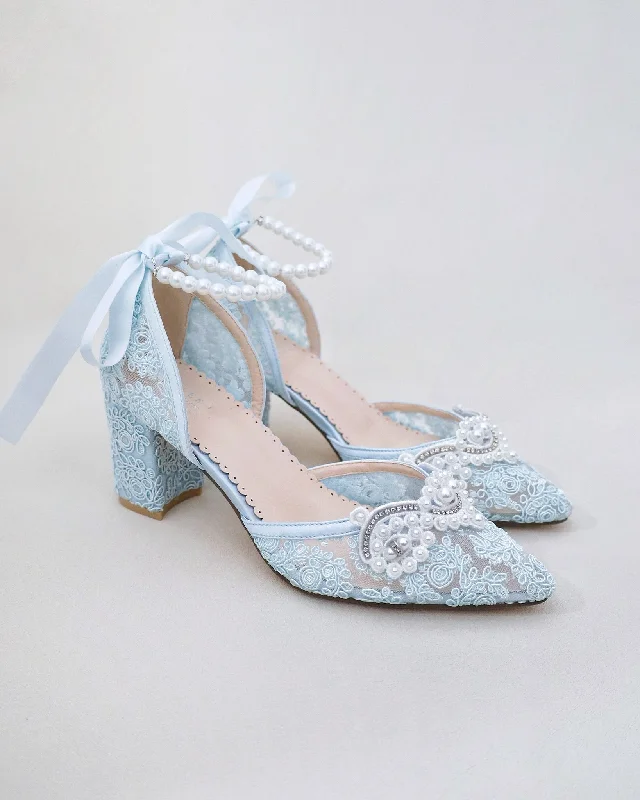 Trendy Chunky Heel Pumps for Casual Wear--Lace Block Heel Pearl Ankle Wrap For Brides