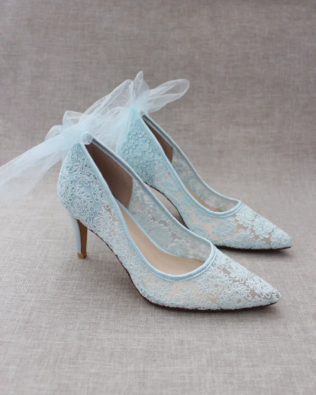 Lace Evening Shoes with Tulle Back Bow---Elegant Evening Heels for Weddings and Parties