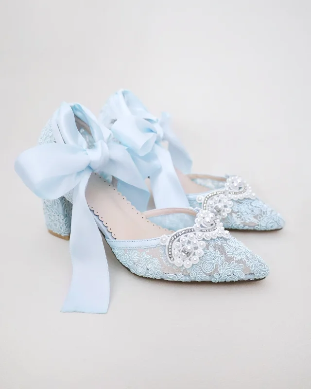 Trendy Chunky Heel Pumps for Casual Wear--Lace Wedding Block Heel with Pearl Detail