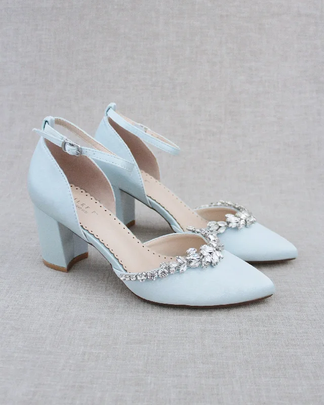 Trendy Chunky Heel Pumps for Casual Wear--Marquise Rhinestone Block Heel Wedding Shoes