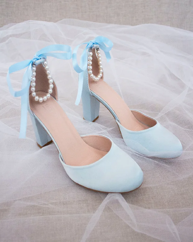 Stylish Ankle Strap Heels for Women--Satin Block Heel with Pearls Ankle Strap