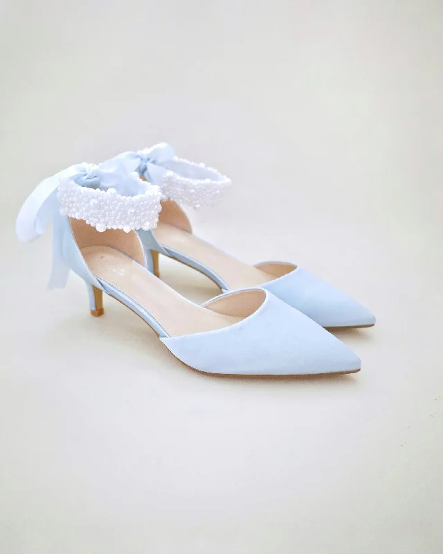 Stylish Ankle Strap Heels for Women--Satin Pointy Toe Low Heels with Perla Ankle Strap