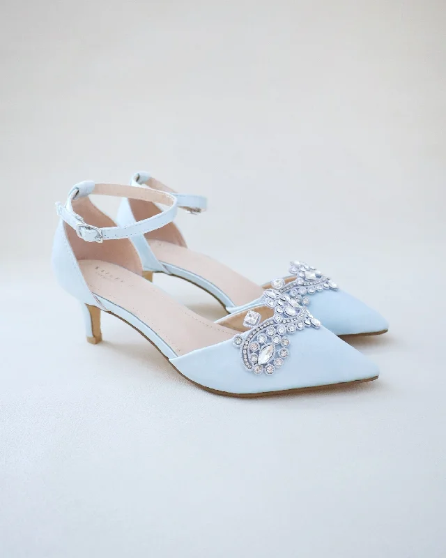 Light Blue Satin Pointy Toe Low Heels with Rhinestones AppliqueAffordable Satin Heels with a Luxe Touch