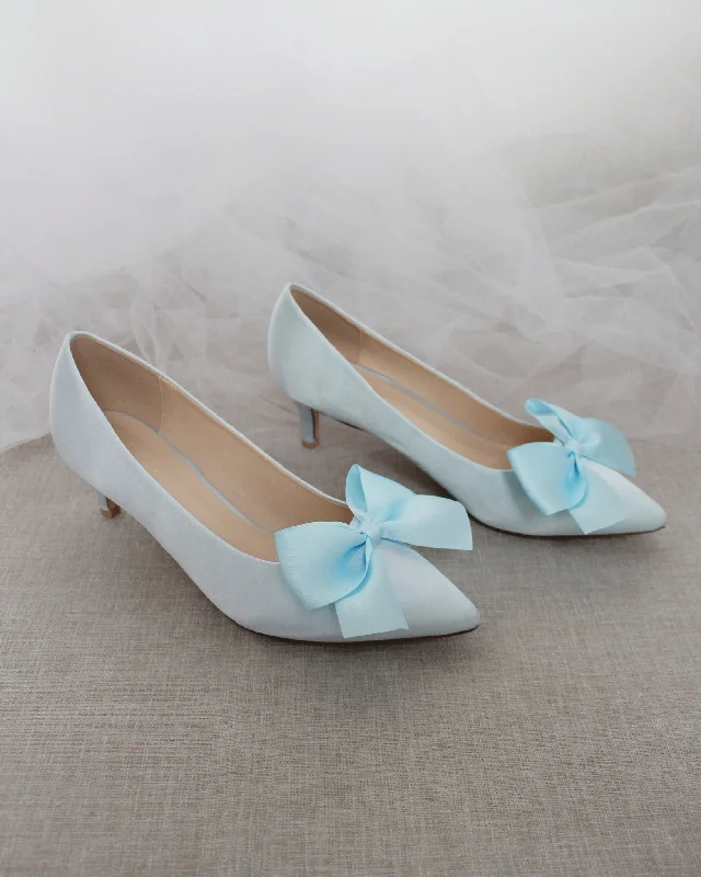 Light Blue Satin Pointy Toe Pump Low Heel with Satin BowAffordable Satin Heels with a Luxe Touch