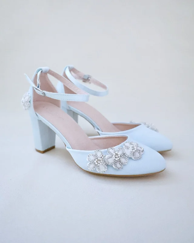 Satin Wedding Block Heel with Rhinestones Chassia FlowerAffordable Satin Heels with a Luxe Touch