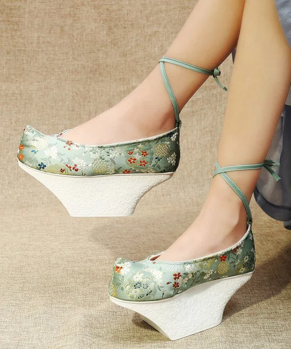 Light Green High Heels Platform Satin Fabric Embroideried Vintage Cross Strap High HeelsAffordable Satin Heels with a Luxe Touch