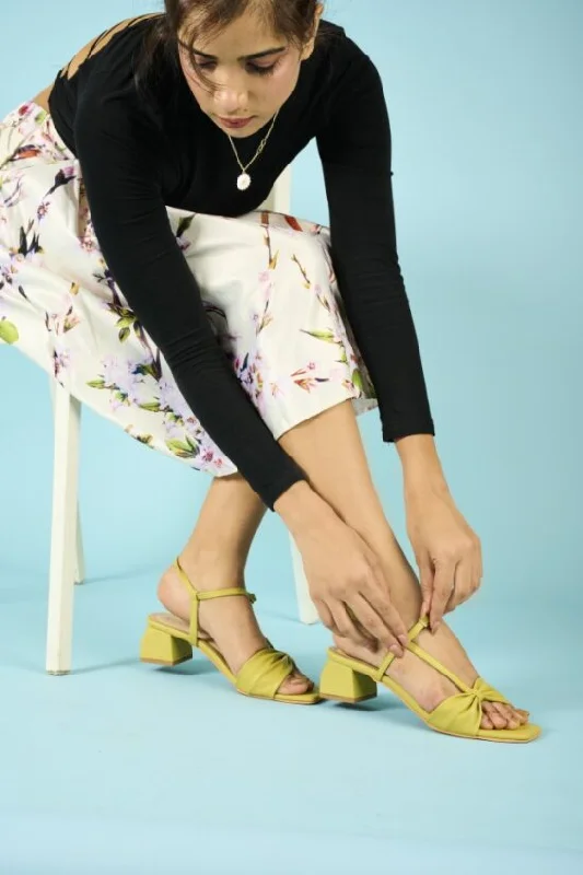 Trendy Chunky Heel Pumps for Casual Wear--Lime-Green Bow Block Heels for Women