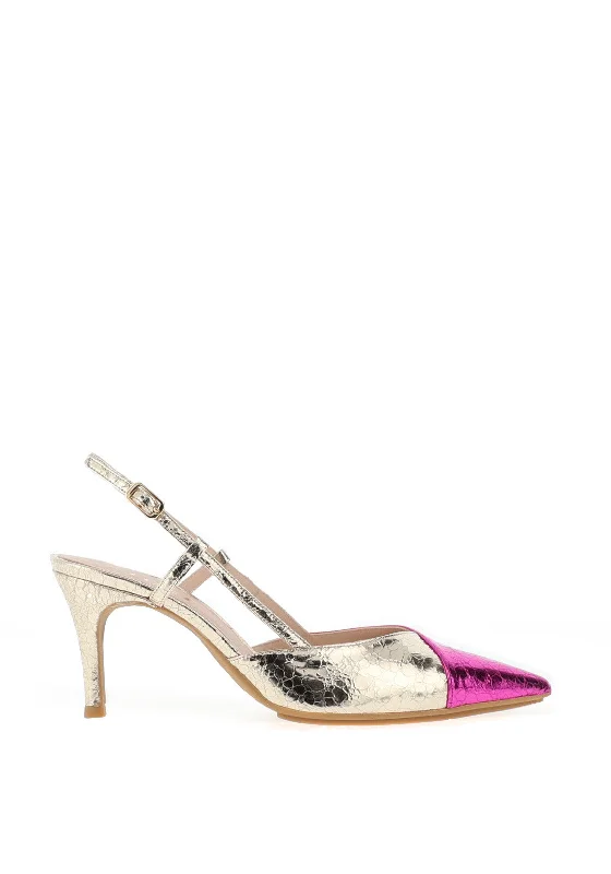 Lodi Elati Chrome Cracked Leather Heeled Shoes, Gold & Fuchsia---Comfortable Leather Pumps for Office and Everyday Wear