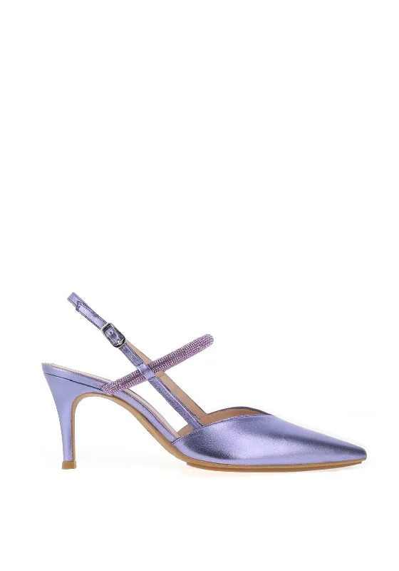 Lodi Elines Metallic Leather Diamante Heeled Shoes, Lilac---Comfortable Leather Pumps for Office and Everyday Wear