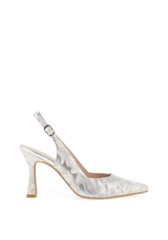 Lodi Modita Leather Metallic Animal Print Heeled Shoes, Silver & White---Comfortable Leather Pumps for Office and Everyday Wear