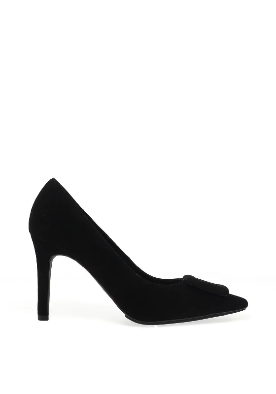 Affordable Suede Ankle Pumps for All-Day Wear--Lodi Roti Suede Faux Buckle Heels, Black