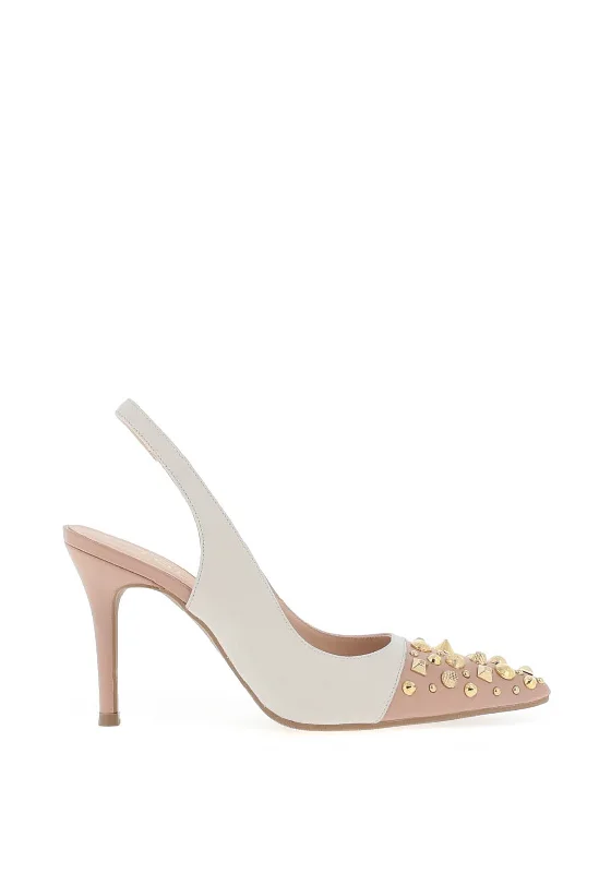 Versatile Heeled Sandals for Any Occasion---Lodi Sation Stud Toe Sling Back Court Shoes, Beige