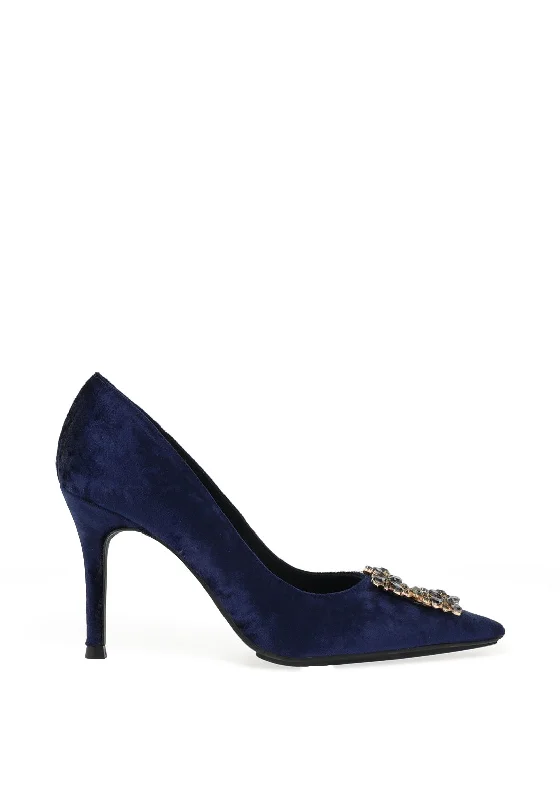 Luxurious Velvet Women's Pumps with Soft Finish---Lodi Sifrite Textured Velvet Gem Brooch Court Shoes, Queen Blue